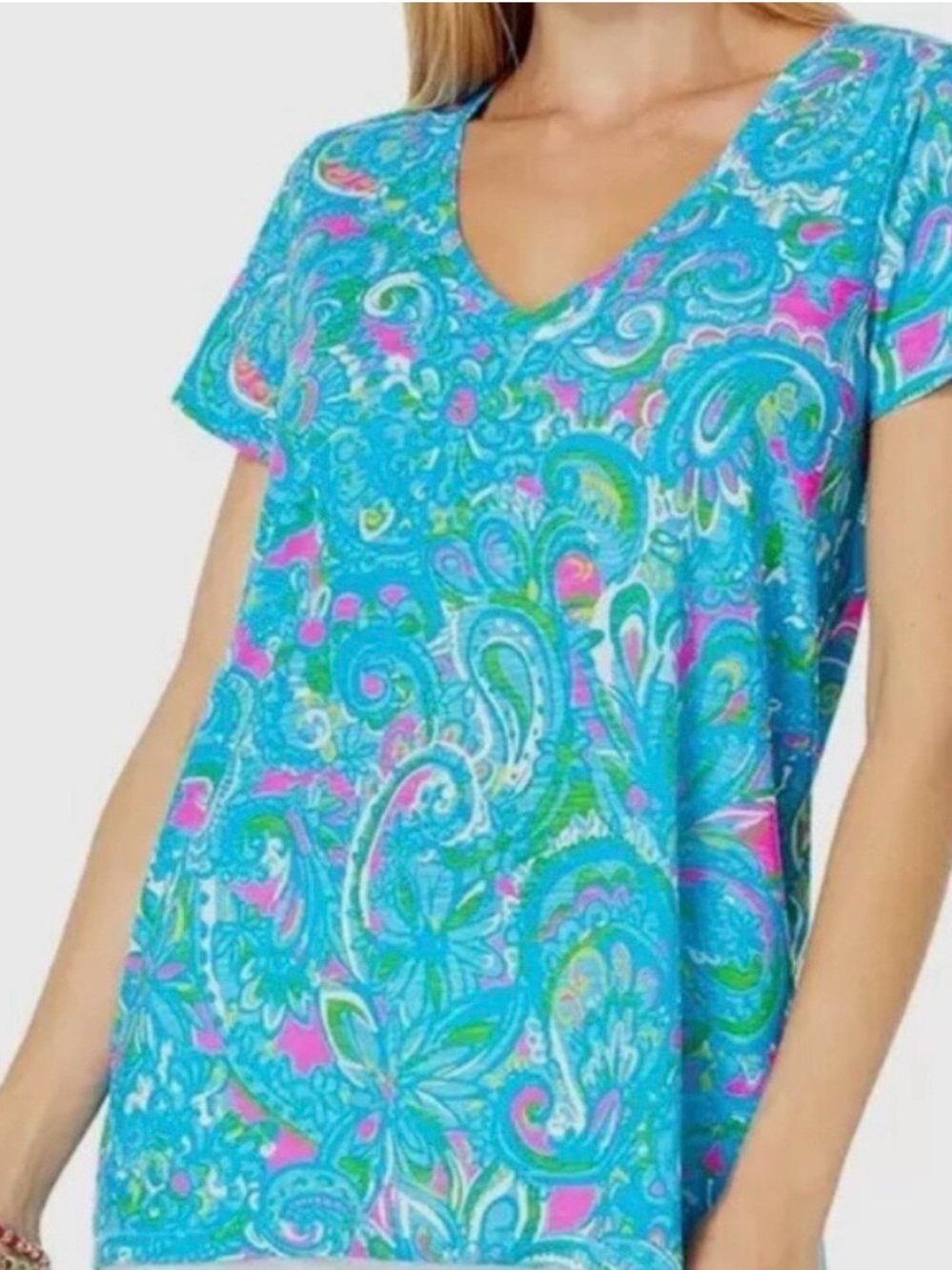 Lilly Pulitzer Etta V-Neck top in the print Seabreeze Blue Hey Gull Friend